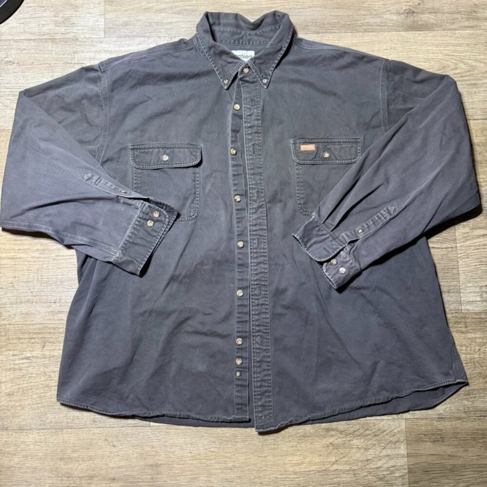 Carhartt Long Sleeved Black Button Up Shirt Leather Patch Men 3XL
